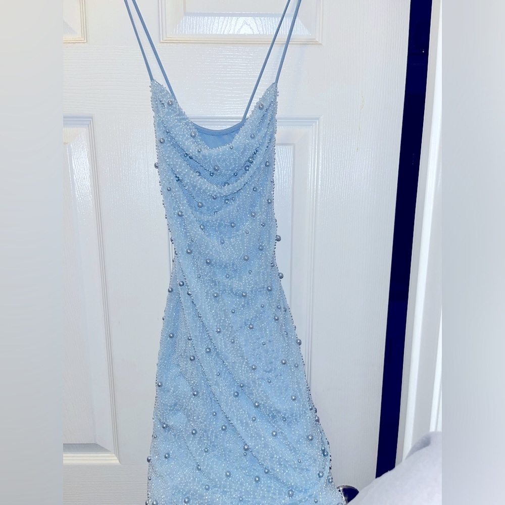 SEYCHELLES
Embellished Cowl Neck Mini Dress in Blue